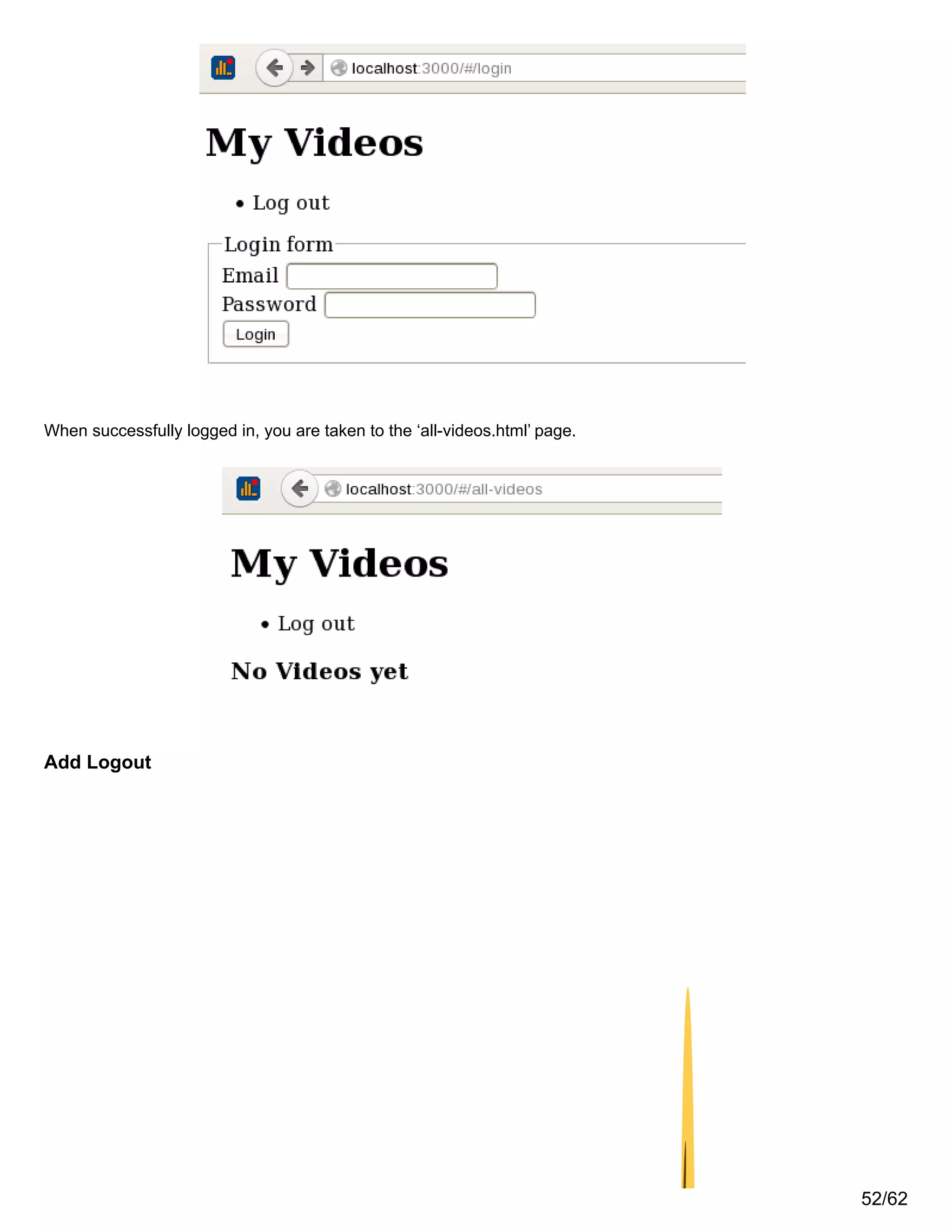 When successfully logged in, you are taken to the ‘all-videos.html’ page.
Add Logout
52/62
 