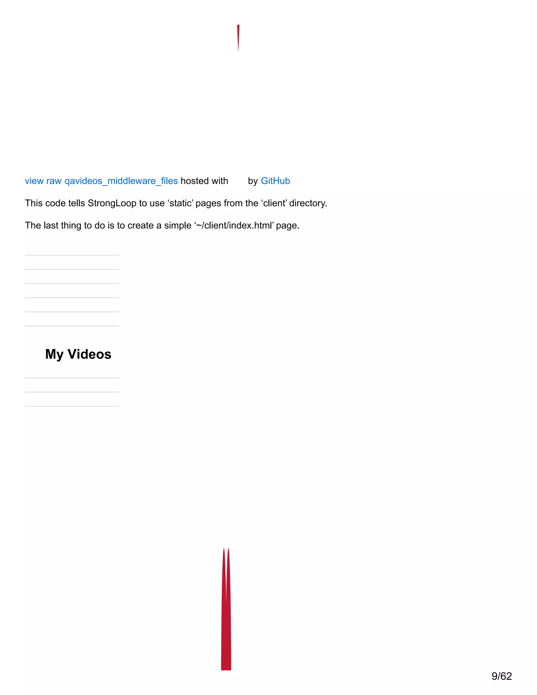 view raw qavideos_middleware_files hosted with by GitHub
This code tells StrongLoop to use ‘static’ pages from the ‘client’ directory.
The last thing to do is to create a simple ‘~/client/index.html’ page.
My Videos
9/62
 