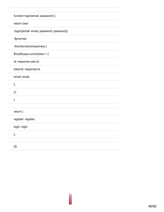function login(email, password) {
return User
.login({email: email, password: password})
.$promise
.then(function(response) {
$rootScope.currentUser = {
id: response.user.id,
tokenId: response.id,
email: email
};
});
}
return {
register: register,
login: login
};
}]);
46/62
 