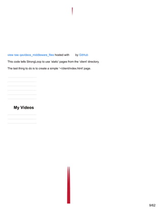 view raw qavideos_middleware_files hosted with by GitHub
This code tells StrongLoop to use ‘static’ pages from the ‘client’ directory.
The last thing to do is to create a simple ‘~/client/index.html’ page.
My Videos
9/62
 