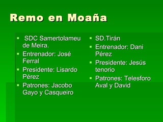 Remo en Moaña SDC Samertolameu de Meira. Entrenador: José Ferral Presidente: Lisardo Pérez Patrones: Jacobo Gayo y Casqueiro SD.Tirán Entrenador: Dani Pérez Presidente: Jesús tenorio Patrones: Telesforo Aval y David 