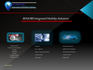 REMOBSIntegratedMobilitySolutions
OrientationTour
TemporaryAccommodation
Housing
Schooling
Settle-in
Leavingassistance
Ongoingservices.
Transport
Visa - Migration
EntranceInspection&Settle-in
Furniturerental
Petssupport
MovingCoordination
OfficeMoveCoordination
Internationalcoordination
Customsservices
Supplychain
©REMOBS2017
 