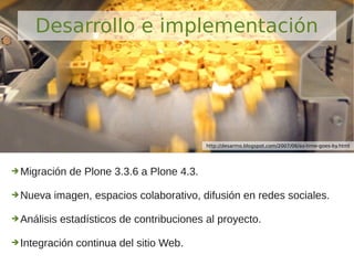 ➔Migración de Plone 3.3.6 a Plone 4.3.
➔Nueva imagen, espacios colaborativo, difusión en redes sociales.
➔Análisis estadísticos de contribuciones al proyecto.
➔Integración continua del sitio Web.
Desarrollo e implementación
http://desarmo.blogspot.com/2007/06/as-time-goes-by.html
 