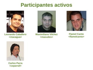Participantes activos
Leonardo Caballero
<macagua>
Flamel Canto
<flamelcanto>
Carlos Parra
<ceparraf>
Maximiliano Vilchez
<maxudes>
 