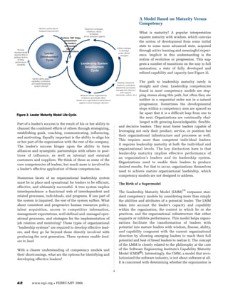 A Model Based on Maturity Versus
                                                                                                                                     Competency
                           Monitor performance/                         Determine strategies,
                           measure improvement                              initiatives, values
                                                                                 all leaders
                                                                                                                                     What is maturity? A popular interpretation
                                                                       will be assessed against                                      equates maturity with wisdom, which conveys
                                                   Perform 720° Edge
                                                      assessment
                                                       for leaders
                                                                                                                                     the notion of development from some initial
                                                      and system                                                                     state to some more advanced state, acquired
                                                         against                                          Initiate changes
   Provide                                                                                                   to leverage             through active learning and meaningful experi-
developmental                                       defined criteria
                                                                                                           under-utilized
opportunities to                                                                                               strengths             ence. Implicit in this understanding is the
address factors
    limiting                                                                                                                         notion of evolution or progression. This sug-
 performance
   capability                                                                                                                        gests a number of transitions on the way to full
                                                                                                                                     maturation: a state of fully developed and
                                                                                                                                     refined capability and capacity (see Figure 2).
                    Identify ability gaps,
                   capability constraints,                                                                                The path to leadership maturity rarely is
                   and leader/leadership                                                                    Address 'keystone'
                                                                                                           systemic constraints
                      system strength                                                                                     straight and clear. Leadership competencies
                                                                                                         (leadership processes,
                                                                                                         management direction
                                                                                                                          found in most competency models are step-
                                                                                                               and support,
                                                                    Measure where organizational                          ping stones along this path, but often they are
                                                                                                         resources, culture, etc.)
                                                                     limitations specifically affect
                                                                leader and organizational performance                     neither in a sequential order nor in a natural
                                                                   against current strategic direction
                                                                                                                          progression. Sometimes the developmental
                                                                                                                          steps within a competency area are spaced so
                                                                                                                          far apart that it is a difficult leap from one to
   Figure 2. Leader Maturity Model Life Cycle.
                                                                                                                          the next. Organizations are continually chal-
                                                                                                                          lenged with growing knowledgeable, flexible,
   Part of a leader’s success is the result of his or her ability to
                                                                                                            and decisive leaders. They must foster leaders capable of
   channel the combined efforts of others through strategizing,
                                                                                                            leveraging not only their product, service, or position but
   establishing goals, coaching, communicating, influencing,
                                                                                                            their organizational infrastructure and processes as well.
   and motivating. Equally important is the ability to align his
                                                                                                            This requires more than competent individual leaders;
   or her part of the organization with the rest of the company.
                                                                                                            it requires leadership maturity at both the individual and
   The leader’s success hinges upon the ability to form
                                                                                                            organizational levels. The key distinction here is that
   alliances and synergistic partnerships with others in posi-
                                                                                                            leadership maturity implies effective performance of
   tions of influence, as well as internal and external
                                                                                                            an organization’s leaders and its leadership system.
   customers and suppliers. We think of these as some of the
                                                                                                            Organizations need to enable their leaders to produce
   core competencies of leaders, but much more is involved in
                                                                                                            desired results. For that to occur, organizations themselves
   a leader’s effective application of these competencies.
                                                                                                            need to achieve mature organizational leadership, which
                                                                                                            competency models are not designed to address.
   Numerous facets of an organizational leadership system
   must be in place and operational for leaders to be efficient,                                            The Birth of a Supermodel
   effective, and ultimately successful. A true system implies
   interdependence: a functional web of interdependent and                                                  The Leadership Maturity Model (LMM)™ surpasses stan-
   related processes, individuals, and programs. If one part of                                             dard competency models by considering more than simply
   the system is impaired, the rest of the system suffers. What                                             the abilities and attributes of a potential leader. The LMM
   about consistent and progressive human resources policy,                                                 takes into account the leader’s capacity and capability
   talent acquisition, access to competitive information,                                                   within the organization, the context in which he or she
   management expectations, well-defined and -managed oper-                                                 practices, and the organizational infrastructure that either
   ational processes, and strategies for the implementation of                                              supports or inhibits performance. This model helps organi-
   job rotation and mentoring? These types of organizational                                                zations facilitate the transformation of leaders with
   “leadership systems” are required to develop effective lead-                                             potential into mature leaders with wisdom, finesse, ability,
   ers, and they go far beyond those directly involved with                                                 and capability congruent with the current organizational
   producing the next generation. These systems enable lead-                                                direction by allowing emerging leaders to reach their full
   ers to lead.                                                                                             potential and best of breed leaders to realize it. The concept
                                                                                                            of the LMM is closely related to the philosophy at the core
   With a clearer understanding of competency models and                                                    of the Software Engineering Institute’s Capability Maturity
   their shortcomings, what are the options for identifying and                                             Model (CMM®). Interestingly, the CMM, a model that revo-
   developing effective leaders?                                                                            lutionized the software industry, is not about software at all.
                                                                                                            It is concerned with determining whether the organization is




   42              www.ispi.org              •   FEBRUARY 2006
 