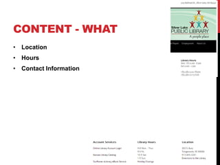 CONTENT - WHAT
• Location
• Hours
• Contact Information
 