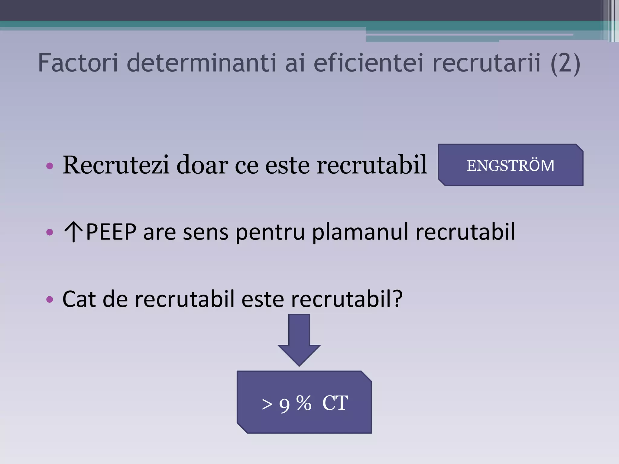Factori determinanti ai eficientei recrutarii (2) 
• Recrutezi doar ce este recrutabil 
• ↑PEEP are seŶs peŶtru plaŵaŶul reĐrutaďil 
• Cat de recrutabil este recrutabil? 
ENGSTRÖM 
> 9 % CT 
 