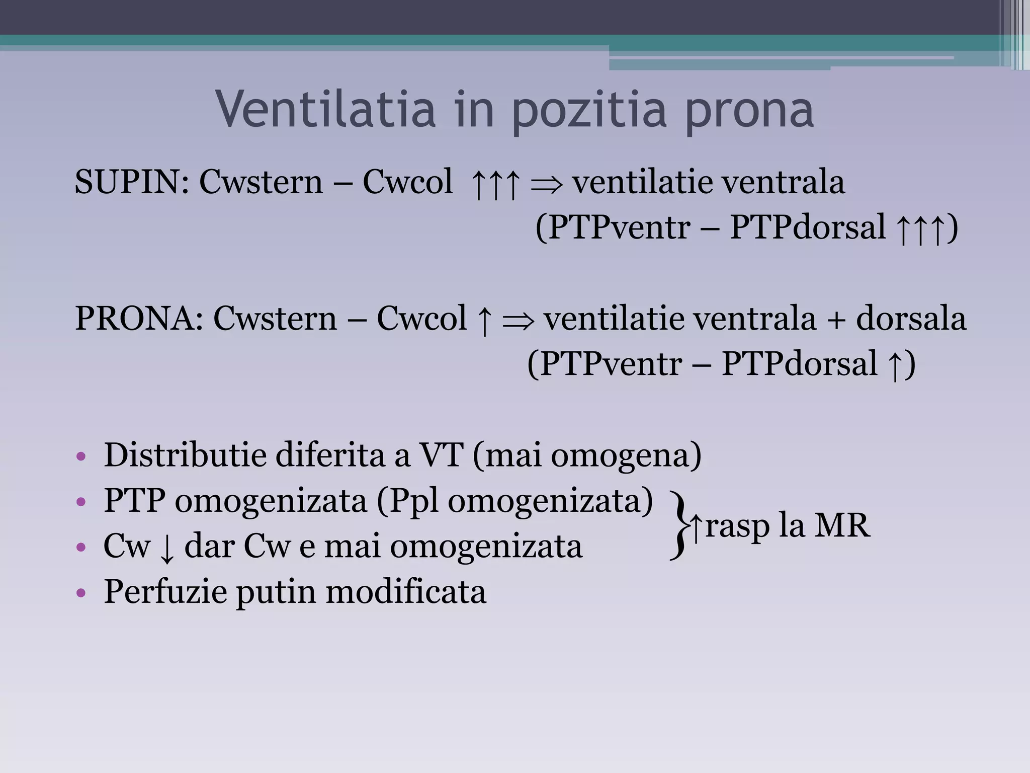 Ventilatia in pozitia prona 
SUPIN: Cwstern – Cwcol ĹĹĹ  ventilatie ventrala 
(PTPventr – PTPdorsal ĹĹĹ) 
PRONA: Cwstern – Cwcol Ĺ  ventilatie ventrala + dorsala 
(PTPventr – PTPdorsal Ĺ) 
• Distributie diferita a VT (mai omogena) 
• PTP omogenizata (Ppl omogenizata) 
• Cw Ļ dar Cw e mai omogenizata 
• Perfuzie putin modificata 
 Ĺ rasp la MR 
 
