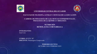 UNIVERSIDAD CENTRAL DEL ECUADOR
FACULTAD DE FILOSOFÍA, LETRAS Y CIENCIAS DE LA EDUCACIÓN
CARRERA DE PEDAGOGÍA DE LAS CIENCIAS EXPERIMENTALES.
PEDAGOGÍA DE LA QUÍMICA Y BIOLOGÍA
NUTRICIÓN
REMOLACHA O BETARRAGA
INTEGRANTES:
José Coro
CURSO: SEXTO “B”
DOCENTE: Washington Campoverde
PERIODO LECTIVO
OCTUBRE 2018- FEBRERO 2019
 