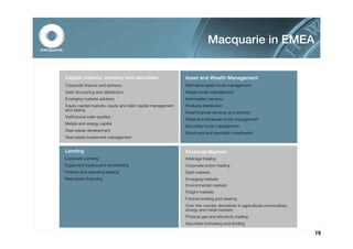 Macquarie in EMEA


Capital markets, advisory and securities                     Asset and Wealth Management
Corporate finance and advisory                               Alternative asset funds management
Debt structuring and distribution                            Hedge funds management
Emerging markets advisory                                    Intermediary services
Equity capital markets, equity and debt capital management   Products distribution
and raising
                                                             Retail financial services and advisory
Institutional cash equities
                                                             Retail and wholesale funds management
Metals and energy capital
                                                             Securities funds management
Real estate development
                                                             Structured and specialist investments
Real estate investment management


Lending                                                      Financial Markets
Corporate Lending                                            Arbitrage trading
Equipment trading and remarketing                            Corporate action trading
Finance and operating leasing                                Debt markets
Real estate financing                                        Emerging markets
                                                             Environmental markets
                                                             Freight markets
                                                             Futures broking and clearing
                                                             Over-the-counter derivatives in agricultural commodities,
                                                             energy and metal markets
                                                             Physical gas and electricity trading
                                                             Securities borrowing and lending

                                                                                                                         19
 