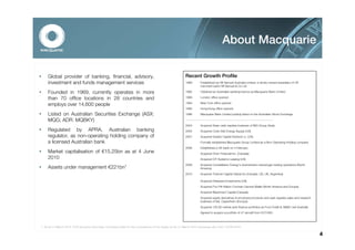 About Macquarie

     Global provider of banking, financial, advisory,                                                     Recent Growth Profile
     investment and funds management services                                                             1969         Established as Hill Samuel Australia Limited, a wholly-owned subsidiary of UK
                                                                                                                       merchant bank Hill Samuel & Co Ltd

     Founded in 1969, currently operates in more                                                          1985         Obtained an Australian banking licence as Macquarie Bank Limited

     than 70 office locations in 28 countries and                                                         1989         London office opened

     employs over 14,600 people                                                                           1994         New York office opened
                                                                                                          1995         Hong Kong office opened

     Listed on Australian Securities Exchange (ASX:                                                       1996         Macquarie Bank Limited publicly listed on the Australian Stock Exchange

     MQG; ADR: MQBKY)                                                                                     -------------------------------------------------------------------------------
                                                                                                          2004         Acquired Asian cash equities business of ING Group (Asia)
     Regulated by APRA, Australian banking                                                                2005         Acquired Cook Inlet Energy Supply (US)
     regulator, as non-operating holding company of                                                       2007         Acquired Giuliani Capital Advisors LL (US)
     a licensed Australian bank                                                                                        Formally established Macquarie Group Limited as a Non-Operating Holding company
                                                                                                          2008         Established a UK bank on 4 February
     Market capitalisation of €15.25bn as at 4 June                                                                    Acquired Orion Financial Inc. (Canada)
     2010                                                                                                              Acquired CIT Systems Leasing (US)
                                                                                                          2009         Acquired Constellation Energy’s downstream natural gas trading operations (North
     Assets under management €221bn1                                                                                   America)
                                                                                                          2010         Acquired Tristone Capital Global Inc.(Canada, US, UK, Argentina)

                                                                                                                       Acquired Delaware Investments (US)
                                                                                                                       Acquired Fox-Pitt Kelton Cochran Caronia Waller (North America and Europe)
                                                                                                                       Acquired Blackmont Capital (Canada)
                                                                                                                       Acquired equity derivatives & structured products and cash equities sales and research
                                                                                                                       business of Sal. Oppenheim (Europe)
                                                                                                                       Acquired 120,00-vehicle auto finance portfolios as Ford Credit & GMAC exit Australia
                                                                                                                       Agreed to acquire a portfolio of 47 aircraft from ILFC/AIG



1. As at 31 March 2010. EUR amounts have been converted solely for the convenience of the reader at the 31 March 2010 exchange rate: AUD =EUR0.6791

                                                                                                                                                                                                                4
 