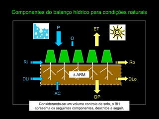 Componentes do balanço hídrico para condições naturais Considerando-se um volume controle de solo, o BH apresenta os seguintes componentes, descritos a seguir.    ARM P O Ri DLi Ro DLo AC DP ET 