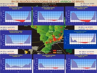 Alt: 850 m  Lat: 20°25’S  Ta :21,0 °C   DH:  70  mm Alt: 1026 m  Lat: 20°33’S Ta:  19,3 °C   DH:  53 mm Alt:1200 m  Lat:21°47’S Ta: 18,6 °C   DH: 16  mm Alt: 652 m Lat: 22°13’S Ta:  22,1 °C  DH:  51 mm Alt: 570 m  Lat:23°23S Ta:  20,6 °C   DH:  0  mm Alt: 820 m Lat: 18°38’S  Ta:  22,0 °C   DH:  153  mm Alt: 700 m Lat: 12°09’S Ta:  22,0 °C   DH:  183  mm BH DE REGIÕES PRODUTORAS DE CAFÉ  ARÁBICA  DO BRASIL Alt: 970m  Lat: 18°57’S  Ta: 21,5 °C  DH:  56 mm 