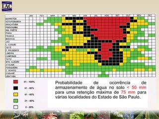 Probabilidade de ocorrência de armazenamento de água no solo  < 50 mm  para uma retenção máxima de  75 mm  para várias localidades do Estado de São Paulo. 
