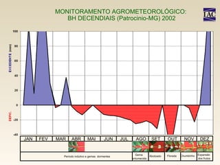 MONITORAMENTO AGROMETEOROLÓGICO:  BH DECENDIAIS (Patrocinio-MG) 2002 JAN FEV MAR ABR MAI JUN JUL AGO SET OUT NOV DEZ Período indutivo e gemas  dormentes Gema  entumecida Abotoado Florada Chumbinho Expansão  dos frutos 