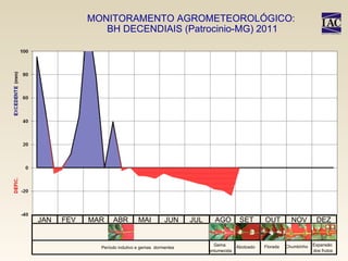 MONITORAMENTO AGROMETEOROLÓGICO:  BH DECENDIAIS (Patrocinio-MG) 2011 JAN FEV MAR ABR MAI JUN JUL AGO SET OUT NOV DEZ Período indutivo e gemas  dormentes Gema  entumecida Abotoado Florada Chumbinho Expansão  dos frutos 
