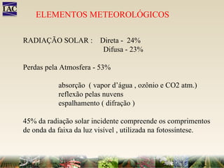 RADIAÇÃO SOLAR :  Direta -  24% Difusa - 23% Perdas pela Atmosfera - 53% absorção  ( vapor d’água , ozônio e CO2 atm.) reflexão pelas nuvens espalhamento ( difração ) 45% da radiação solar incidente compreende os comprimentos  de onda da faixa da luz visível , utilizada na fotossíntese.   ELEMENTOS METEOROLÓGICOS 