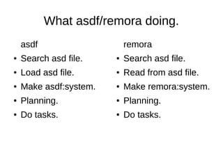 What asdf/remora doing.
asdf
● Search asd file.
● Load asd file.
● Make asdf:system.
● Planning.
● Do tasks.
remora
● Search asd file.
● Read from asd file.
● Make remora:system.
● Planning.
● Do tasks.
 