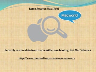 Remo Recover Mac (Pro)
http://www.remosoftware.com/mac-recovery
Securely restore data from inaccessible, non booting, lost Mac Volumes
 