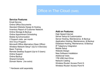 Office in The Cloud  (SMB) Service Features Email Service Online Office Documents Standard Website Design & Hosting Inventory Report of Customer Network Online Storage & Backup Online Appointment Scheduling Mobile Synchronization 2 Support visits  per month Anti Virus Program Microsoft Office Alternative (Open Office) Wireless Network Setup* (Up to 5 Devices) Basic Training Remote Desktop Support (Up to 5 Users) Online Support Online Backup  Shared Contacts Domain Name  (.kw extra) * Hardware sold separately Add on Features: High Speed Internet  Server Setup & Customization Server Hosting, Maintenance, & Backup Application Hosting, Maintenance, & Backup Database Hosting, Maintenance, & Backup IP Telephony Integration Mobile Setup Website Design New Software Installation Additional Visits 1TB USB Hard Drive Network Cabling Wireless Router/ Access Point G Wireless Router/ Access Point N 