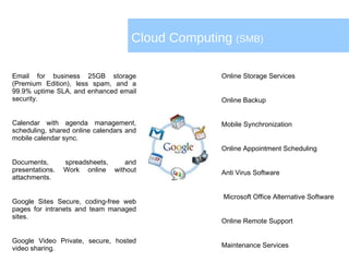 Cloud Computing  (SMB) Email for business 25GB storage (Premium Edition), less spam, and a 99.9% uptime SLA, and enhanced email security. Calendar with agenda management, scheduling, shared online calendars and mobile calendar sync. Documents, spreadsheets, and presentations. Work online without attachments. Google Sites Secure, coding-free web pages for intranets and team managed sites. Google Video Private, secure, hosted video sharing. Online Storage Services Online Backup Mobile Synchronization Online Appointment Scheduling Anti Virus Software Microsoft Office Alternative Software Online Remote Support Maintenance Services 