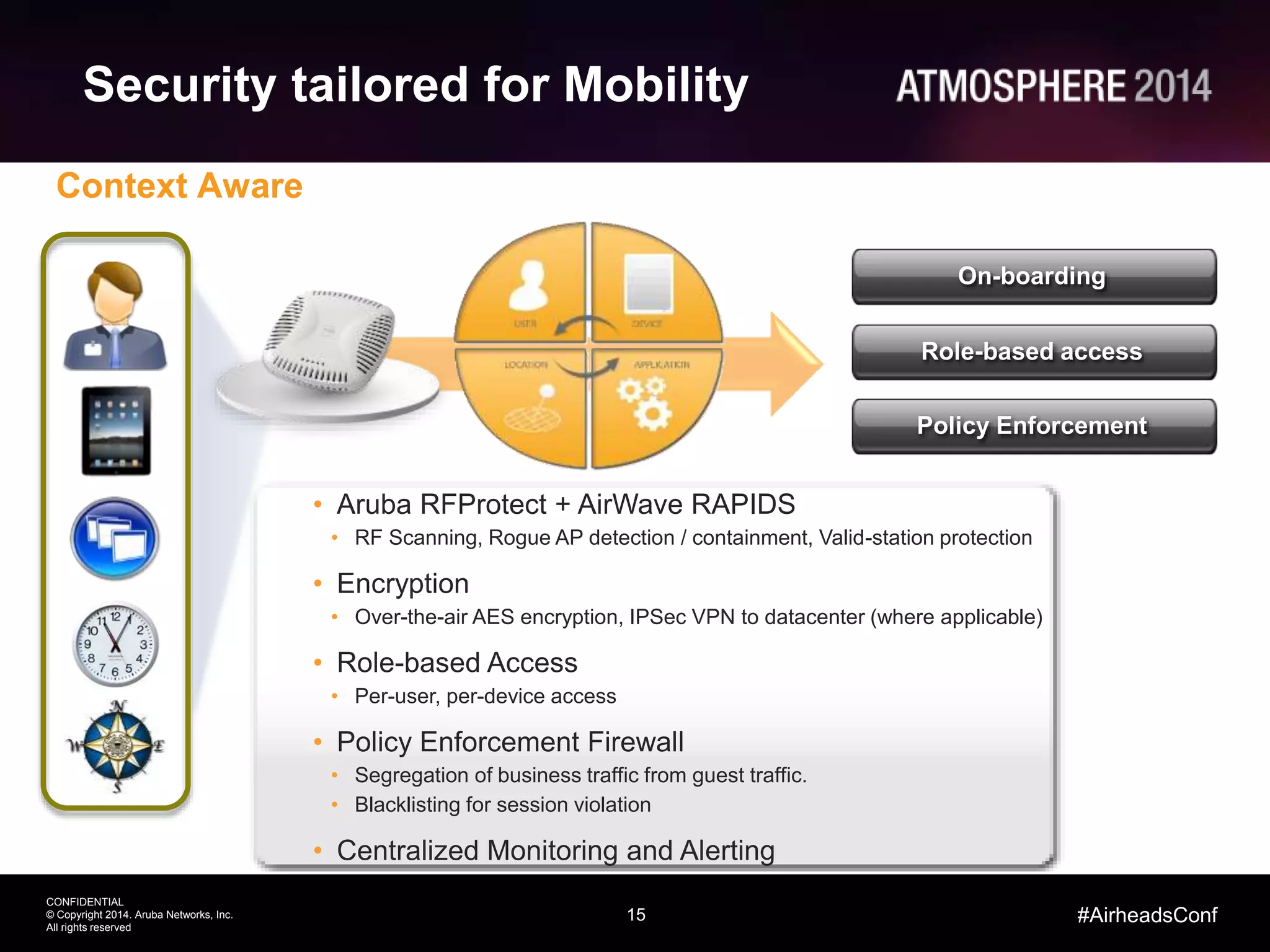15
CONFIDENTIAL
© Copyright 2014. Aruba Networks, Inc.
All rights reserved
#AirheadsConf
Security tailored for Mobility
Context Aware
On-boarding
Role-based access
Policy Enforcement
• Aruba RFProtect + AirWave RAPIDS
• RF Scanning, Rogue AP detection / containment, Valid-station protection
• Encryption
• Over-the-air AES encryption, IPSec VPN to datacenter (where applicable)
• Role-based Access
• Per-user, per-device access
• Policy Enforcement Firewall
• Segregation of business traffic from guest traffic.
• Blacklisting for session violation
• Centralized Monitoring and Alerting
 