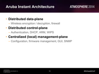 13
CONFIDENTIAL
© Copyright 2014. Aruba Networks, Inc.
All rights reserved
#AirheadsConf
Aruba Instant Architecture
• Distributed data-plane
– Wireless encryption / decryption, firewall
• Distributed control-plane
– Authentication, DHCP, ARM, WIPS
• Centralized (local) management-plane
– Configuration, firmware management, GUI, SNMP
 