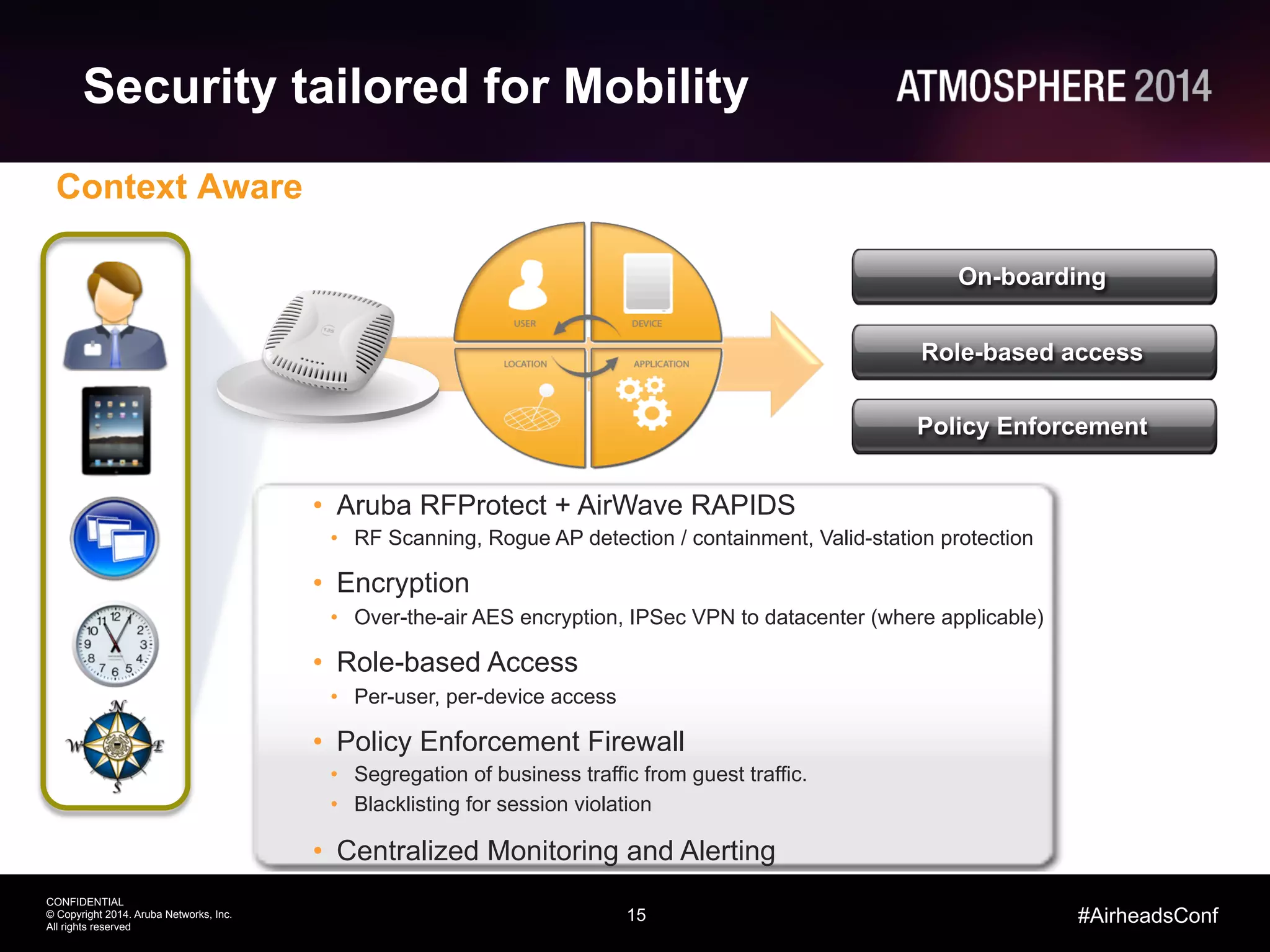 15
CONFIDENTIAL
© Copyright 2014. Aruba Networks, Inc.
All rights reserved
#AirheadsConf
Security tailored for Mobility
Context Aware
On-boarding
Role-based access
Policy Enforcement
•  Aruba RFProtect + AirWave RAPIDS
•  RF Scanning, Rogue AP detection / containment, Valid-station protection
•  Encryption
•  Over-the-air AES encryption, IPSec VPN to datacenter (where applicable)
•  Role-based Access
•  Per-user, per-device access
•  Policy Enforcement Firewall
•  Segregation of business traffic from guest traffic.
•  Blacklisting for session violation
•  Centralized Monitoring and Alerting
 