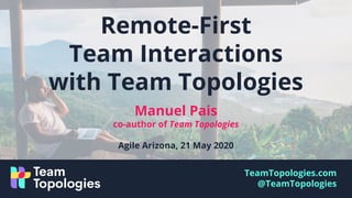 TeamTopologies.com
@TeamTopologies
Manuel Pais
co-author of Team Topologies
Agile Arizona, 21 May 2020
Remote-First
Team Interactions
with Team Topologies
 