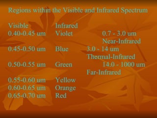 Regions within the Visible and Infrared Spectrum  Visible  Infrared  0.40-0.45 um  Violet  0.7 - 3.0 um  Near-Infrared 0.45-0.50 um  Blue  3.0 - 14 um  Thermal-Infrared 0.50-0.55 um  Green  14.0 - 1000 um  Far-Infrared  0.55-0.60 um  Yellow  0.60-0.65 um  Orange  0.65-0.70 um  Red  