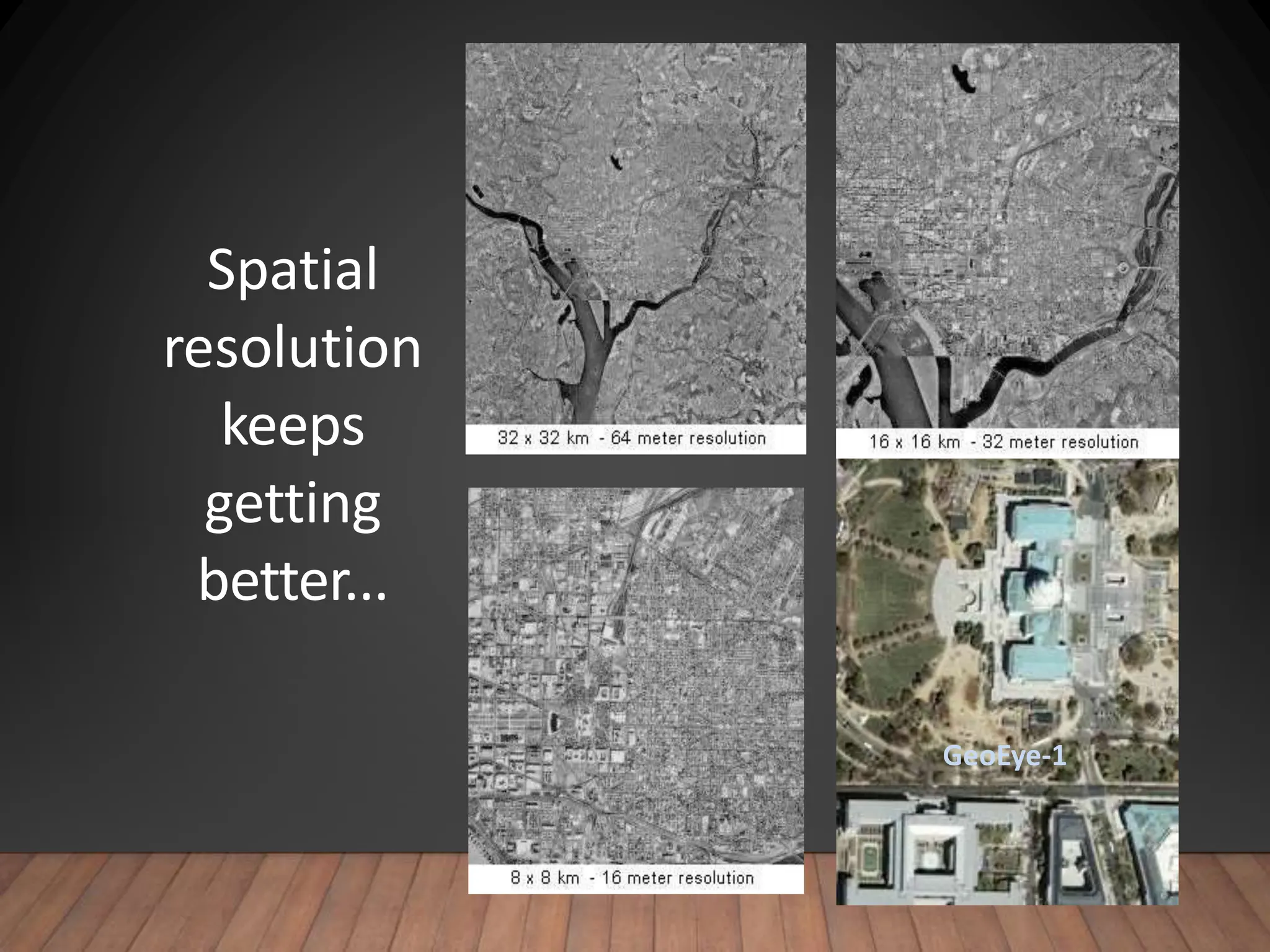 Spatial
resolution
keeps
getting
better...
GeoEye-1
 
