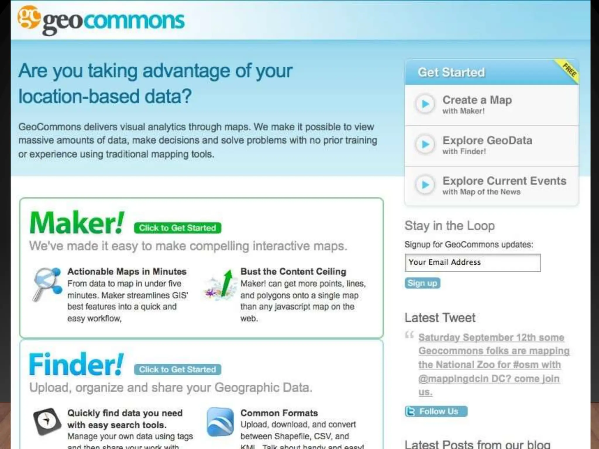 GEOCOMMONS
• GeoCommons is a "mashup" maker
• Upload your data – excel or GIS and have it
mapped
• Find data others have shared
• Make maps, then export to Google Earth
 