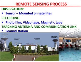 REMOTE SENSING PROCESS
OBSERVATIONS
 Sensor – Mounted on satellites
RECORDING
 Photo film, Video tape, Magnetic tape
TRACKING ANTENNA AND COMMUNICATION LINK
 Ground station
 