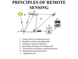 PRINCIPLES OF REMOTE
SENSING
1. Energy Source or Illumination (A)
2. Radiation and the Atmosphere (B)
3. Interaction with the Target (C)
4. Recording of Energy by the Sensor (D)
5. Transmission, Reception, and Processing (E)
6. Interpretation and Analysis (F)
7. Application (G)
 