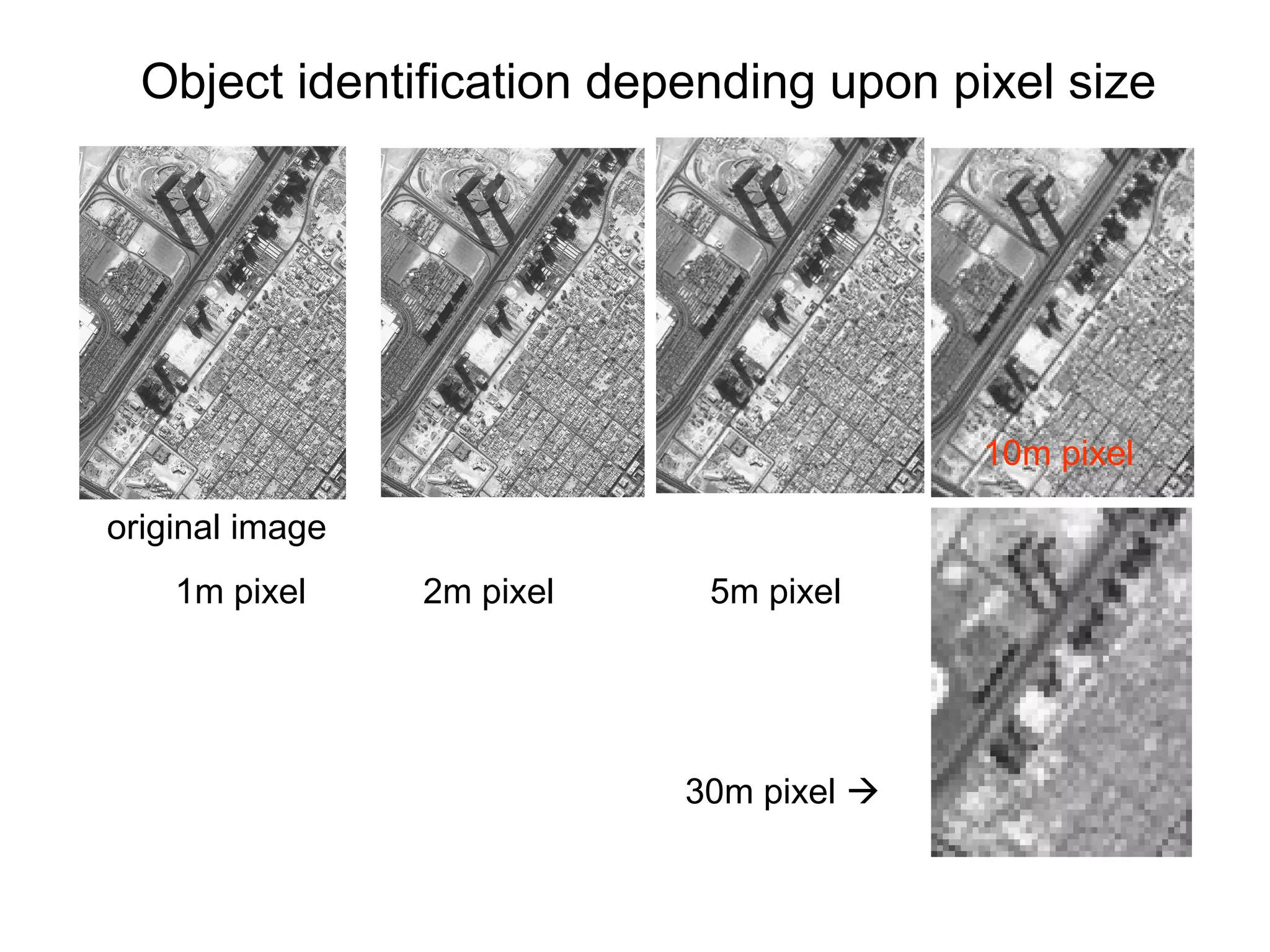 Object identification depending upon pixel size




                                          10m pixel

original image
    1m pixel     2m pixel    5m pixel




                            30m pixel 
 