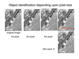 Object identification depending upon pixel size




                                          10m pixel

original image
    1m pixel     2m pixel    5m pixel




                            30m pixel 
 