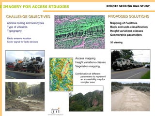 SATELLITE IMAGERY FOR ACCESS STDUDIES REMOTE SENSING O&G STUDY 
CCHHAALLLLEENNGGEE OOBBJJEECCTTIIVVEESS PPRROOPPOOSSEEDD SSOOLLUUTTIIOONNSS 
Access routing and soils types 
Type of vibrators 
Topography 
Radio antenna location 
Cover signal for radio devices 
Mapping of Facilities 
Rock and soils classification 
Height variations classes 
Geomorphic parameters 
3D viewing 
Access mapping 
Height variations classes 
Vegetation mapping 
Combination of different 
parameters to represent 
an accessibility map for 
complex area 
 