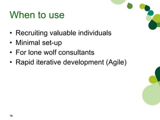 When to use Recruiting valuable individuals Minimal set-up For lone wolf consultants Rapid iterative development (Agile) 