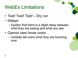 WebEx Limitations Test! Test! Test! – Dry run Delays Explain that there is a slight delay between what they are seeing and what you see  Cannot view hover overs Verbally tell users what they are hovering over 