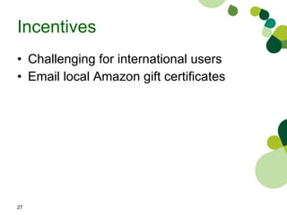 Incentives Challenging for international users Email local Amazon gift certificates 