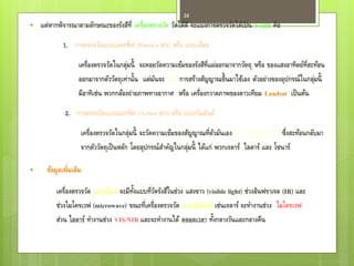 24
   แต่หากพิจารณาตามลักษณะของรังสีท่ี เครื่องตรวจวัด วัดได้ดี จะแบ่งการตรวจวัดได้เป็ น 2 แบบ คือ

             1. การตรวจวัดแบบแพสซีฟ (Passive RS) หรือ แบบเฉื่ อย

                   เครื่องตรวจวัดในกลุ่มนี้ จะคอยวัดความเข้มของรังสีทแผ่ออกมาจากวัตถุ หรือ ของแสงอาทิตย์ท่สะท้อน
                                                                     ่ี                                   ี
                   ออกมาจากตัววัตถุเท่านั้น แต่มนจะ ไม่มี การสร้างสัญญาณขึ้นมาใช้เอง ตัวอย่างของอุปกรณ์ในกลุ่มนี้
                                                 ั
                   มีอาทิเช่น พวกกล้องถ่ายภาพทางอากาศ หรือ เครื่องกวาดภาพของดาวเทียม Landsat เป็ นต้น

              2. การตรวจวัดแบบแอกทีฟ (Active RS) หรือ แบบกัมมันต์

                    เครื่องตรวจวัดในกลุ่มนี้ จะวัดความเข้มของสัญญาณที่ตวมันเอง สร้างและส่งออกไป ซึ่งสะท้อนกลับมา
                                                                          ั
                    จากตัววัตถุเป็ นหลัก โดยอุปกรณ์สาคัญในกลุ่มนี้ ได้แก่ พวกเรดาร์ ไลดาร์ และ โซนาร์

     ข้อมูลเพิ่มเติม

          เครื่องตรวจวัด แบบเฉื่ อย จะมีทงแบบที่วดรังสีในช่วง แสงขาว (visible light) ช่วงอินฟราเรด (IR) และ
                                         ้ั      ั
          ช่วงไมโครเวฟ (microwave) ขณะทีเครื่องตรวจวัด แบบกัมมันต์ เช่นเรดาร์ จะทางานช่วง ไมโครเวฟ
                                            ่
          ส่วน ไลดาร์ ทางานช่วง VIS/NIR และจะทางานได้ ตลอดเวลา ทังกลางวันและกลางคืน
                                                                        ้
 