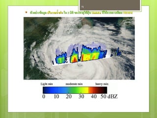 71

 ตัวอย่ างข้ อมูล ปริมาณน้าฝน ใน 3 มิติ ของพายุไต้ ฝน Sinlaku ที่ได้ จากดาวเทียม TRMM
                                                     ุ่
 