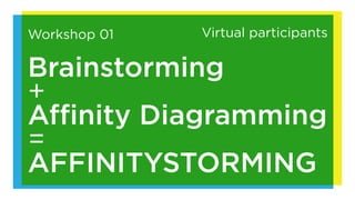Workshop 01   Virtual participants

Brainstorming
+
Affinity Diagramming
=
AFFINITYSTORMING
 