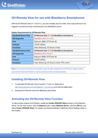 GV-Remote View for use with Blackberry Smartphones
With the GV-Remote View V1.1 and V1.2, you can remotely view live video, force output devices to be
triggered, and start and stop monitoring from your BlackBerry phone.


System Requirements for GV-Remote View:
 Handheld Device View         GV-Remote View V1.1 for BlackBerry Smartphone
 OS Supported                 BlackBerry OS 4.2.1 to 5.0
 Port                         Data port: 8866; HTTP port: 80
 Protocol                     TCP/IP (JPEG)
 Functions                    Video Streaming, I/O device control
 Handheld Device View         GV-Remote View V1.2 for BlackBerry Smartphone
 OS Supported                 BlackBerry OS 5.0 to 6.0
 Port                         Data port: 8866; HTTP port: 80
 Protocol                     TCP/IP (JPEG)
 Functions                    Video Streaming, I/O device control, PTZ control


Note: If you cannot connect to GV-System using 3G after modifying the HTTP port, please contact
your Internet Service Provider to make sure the port has not been blocked.



Installing GV-Remote View
1.   To download GV-Remote View of version 1.1 and 1.2, please go to
     http://www.geovision.com.tw/english/5_4_bbview.asp and click the Link button.

2.   Download GV-Remote View from Blackberry App World.




Activating the GV-Remote View Function
To allow remote access to GV-System, enable the Create JPEG/GIF file(s) function on the WebCam
Server. On the main screen, click the Network button, select WebCam Server, click the JPG tab, and
select Create JPEG/GIF file(s). For details, see General Settings in WebCam Server Settings earlier in
this chapter.




GeoVision Inc.                                  1                        Revision Date: 8/23/2011
 