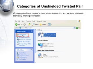 Categories of Unshielded Twisted Pair
Our company has a remote access server connection and we want to connect
Remotely making connection
 