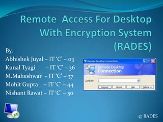 Remote  Access For Desktop With Encryption System (RADES) By, AbhishekJuyal – IT ‘C’ – 03 KunalTyagi       – IT ‘C’ – 36 M.Maheshwar  – IT ‘C’ – 37  Mohit Gupta    – IT ‘C’ – 44  NishantRawat – IT ‘C’ – 50  @ RADES 