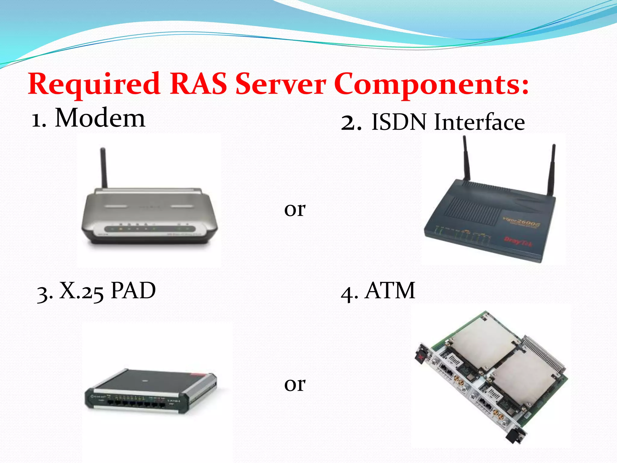 Required RAS Server Components:1. Modem2. ISDN Interfaceor3. X.25 PAD4. ATMor