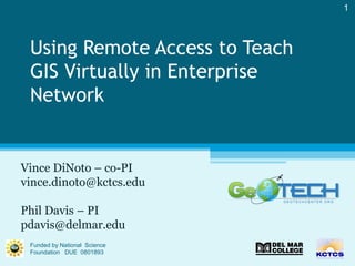 Using Remote Access to Teach
GIS Virtually in Enterprise
Network
Vince DiNoto – co-PI
vince.dinoto@kctcs.edu
Phil Davis – PI
pdavis@delmar.edu
Funded by National Science
Foundation DUE 0801893
1
 