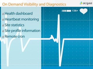 On Demand Visibility and Diagnostics

 Health dashboard
 Heartbeat monitoring
 Site statistics
 Site profile information
 Remote cron
 