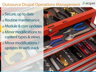 Outsource Drupal Operations Management

 Secure, up to date
 Routine maintenance
 Module & core updates
 Minor modifications to
 content types & views
 Minor modifications /
 updates to web stack
 